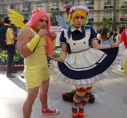 Size: 600x557 | Tagged: safe, artist:metalslimer, fluttershy, rainbow dash, human, g4, anime los angeles, clothes, convention, cosplay, irl, irl human, maid, manly, photo, rule 63