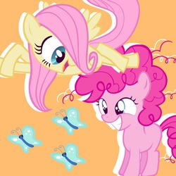 Size: 800x800 | Tagged: safe, artist:princessmarceline2, fluttershy, pinkie pie, butterfly, g4, cute, diapinkes, female, filly, foal, lesbian, messy mane, ship:flutterpie, shipping, shyabetes, silly filly