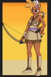 Size: 1200x1800 | Tagged: safe, artist:hivelordlusa, artist:kloudmutt, edit, little strongheart, bison, buffalo, anthro, g4, armpits, arrow, axe, bow (weapon), bow and arrow, clothes, dreamcatcher, female, mask, masking, moccasins, native american, ponyrumi, quiver, solo, tomahawk, weapon