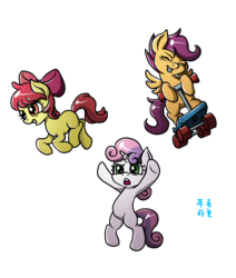 Size: 1872x2208 | Tagged: safe, artist:mrs1989, apple bloom, scootaloo, sweetie belle, earth pony, pegasus, pony, unicorn, g4, apple bloom's bow, bipedal, bipedal leaning, blank flank, bow, cutie mark crusaders, eyes closed, female, filly, foal, hair bow, leaning, open mouth, scooter, signature, simple background, spread wings, transparent background, trio, wings
