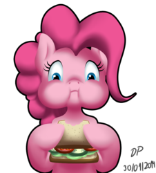 Size: 738x815 | Tagged: safe, artist:datponypl, pinkie pie, g4, eating, female, puffy cheeks, sandwich, solo