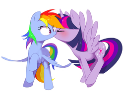 Size: 900x700 | Tagged: safe, artist:30clock, rainbow dash, twilight sparkle, alicorn, pegasus, pony, g4, blushing, duo, duo female, eyes closed, female, kiss on the lips, kissing, lesbian, mare, ship:twidash, shipping, simple background, spread wings, twilight sparkle (alicorn), white background, wings