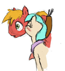 Size: 504x554 | Tagged: safe, artist:untiltheballoons, big macintosh, coco pommel, earth pony, pony, g4, blushing, cheek kiss, cocomac, crack shipping, duo, eyes closed, kissing, male, open mouth, shipping, stallion, straight, surprise kiss, surprised, wide eyes