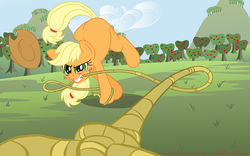 Size: 7432x4638 | Tagged: safe, artist:redapropos, applejack, earth pony, pony, g4, absurd resolution, action pose, female, foreshortening, lasso, mare, mouth hold, offscreen character, pov, rope, solo, submissive pov, viewer on leash