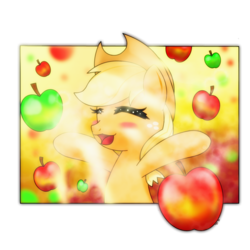 Size: 1250x1250 | Tagged: safe, artist:hoyeechun, applejack, bats!, g4, apple, apple rain, eyes closed, female, scene interpretation, solo, that pony sure does love apples