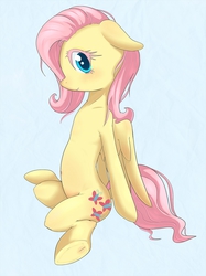 Size: 1280x1707 | Tagged: safe, artist:zokkili, fluttershy, g4, colored eyelashes, female, looking at you, profile, sitting, smiling, solo, underhoof