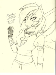 Size: 900x1207 | Tagged: safe, artist:vulff-c4t, rainbow dash, anthro, g4, clothes, female, glasses, gloves, monochrome, solo