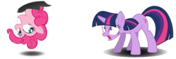 Size: 506x170 | Tagged: safe, pinkie pie, twilight sparkle, earth pony, pony, unicorn, g4, female, fourth wall, frown, grin, looking back, mare, open mouth, pinkie being pinkie, pinkie physics, shocked, simple background, smiling, squee, transparent background, unicorn twilight, upside down, vector, wat, wide eyes