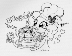 Size: 1023x794 | Tagged: safe, artist:momo, applejack, pinkie pie, g4, cake, cute, diapinkes, grayscale, japanese, monochrome