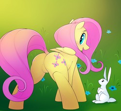 Size: 1280x1173 | Tagged: dead source, safe, artist:antiander, angel bunny, fluttershy, pegasus, pony, rabbit, g4, blushing, butt, cute, dock, featureless crotch, female, flutterbutt, grass, looking at you, looking back, looking back at you, mare, open mouth, plot, rear view, shyabetes, solo