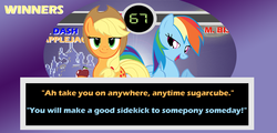 Size: 700x337 | Tagged: safe, artist:drpain, applejack, rainbow dash, g4, parody, street fighter, winner screen, winning quote