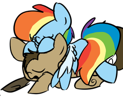 Size: 511x417 | Tagged: safe, artist:redshycup, doctor whooves, rainbow dash, time turner, g4, duo, eyes closed, hug, open mouth, ponies riding ponies, prone, riding, sleeping, winghug