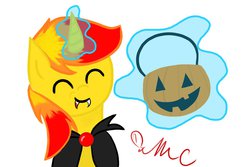 Size: 1095x730 | Tagged: safe, artist:fuzzyypanda, oc, oc only, pony, unicorn, vampire, blood, clothes, costume, eyes closed, fangs, halloween, magic, solo