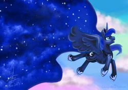 Size: 595x421 | Tagged: safe, artist:chirpy-chi, princess luna, alicorn, pony, g4, cloud, female, flying, mare, signature, solo