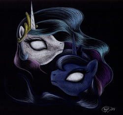 Size: 2637x2454 | Tagged: safe, artist:faye-raven, princess celestia, princess luna, g4, traditional art