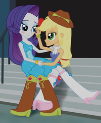 Size: 835x1022 | Tagged: dead source, safe, artist:asdf314159265, applejack, rarity, equestria girls, g4, boots, clothes, cowboy boots, dress, duo, fall formal outfits, female, high heel boots, lesbian, ship:rarijack, shipping, sleeveless, snuggling, strapless