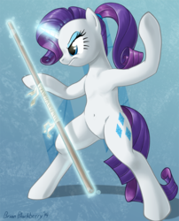 Size: 653x809 | Tagged: safe, artist:brianblackberry, rarity, pony, unicorn, g4, alternate hairstyle, belly button, bipedal, bo staff, female, kung fu, magic, mare, martial artist rarity, martial arts, solo, staff, stick, weapon