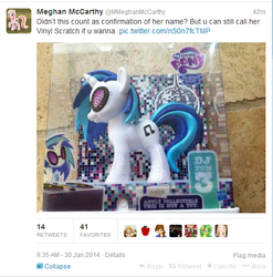 Size: 522x529 | Tagged: safe, dj pon-3, vinyl scratch, oc, oc:meghan mccarthy, g4, meghan mccarthy, text, twitter