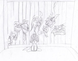 Size: 1012x789 | Tagged: safe, artist:toon-n-crossover, ahuizotl, discord, fido, queen chrysalis, rover, spot, diamond dog, g4, angry, cell, helmet, jail, michael morones, monochrome, pencil drawing, royal guard, sketch