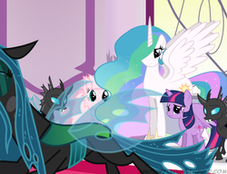 Size: 650x500 | Tagged: safe, artist:mixermike622, princess celestia, queen chrysalis, twilight sparkle, oc, oc:fluffle puff, alicorn, changeling, changeling queen, pony, tumblr:ask fluffle puff, g4, crying, female, male, mare, single panel, twilight sparkle (alicorn)