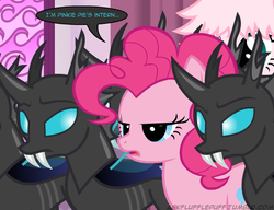 Size: 650x500 | Tagged: safe, artist:mixermike622, doomie, pinkie pie, oc, oc:fluffle puff, changeling, earth pony, pony, tumblr:ask fluffle puff, g4, female, mare, single panel