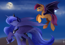 Size: 1280x893 | Tagged: safe, artist:dream-phoenix, princess luna, scootaloo, bat pony, pony, g4, bat ponified, moon, scootabat, student of the night