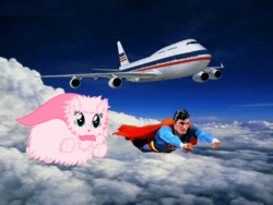 Size: 800x600 | Tagged: safe, oc, oc only, oc:fluffle puff, original species, flying, male, plane, super fluff, superman