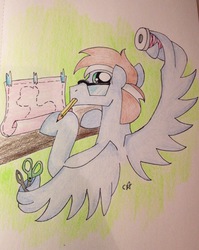 Size: 1629x2046 | Tagged: safe, artist:cloudy-loves-muffin, oc, oc only, pegasus, pony, designer, glasses, solo, thread, traditional art