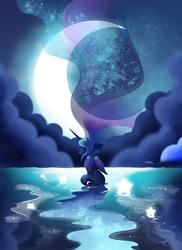 Size: 2550x3501 | Tagged: safe, artist:azurainalis, princess luna, alicorn, pony, g4, cloud, ethereal mane, eyes closed, female, folded wings, horn, moon, night, reflection, sad, sitting, solo, stars, water, wings