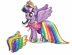 Size: 709x547 | Tagged: safe, twilight sparkle, alicorn, pony, g4, my little pony: friendship is magic, season 4, clothes, colored wings, dress, female, mare, multicolored wings, rainbow power, rainbow wings, solo, twilight sparkle (alicorn)