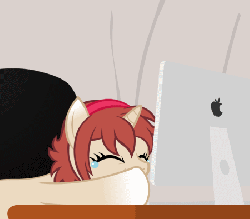 Size: 450x395 | Tagged: safe, artist:aha-mccoy, oc, oc only, oc:corel, pony, unicorn, animated, collar, computer, crying, female, gradient hooves, laughing, mare, product placement, solo, tears of laughter