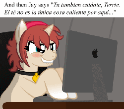 Size: 450x395 | Tagged: safe, artist:aha-mccoy, oc, oc only, oc:corel, pony, unicorn, animated, blushing, collar, computer, female, mare, product placement, solo, spanish, translated in the comments, typing, writing