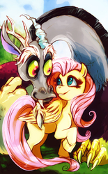 Size: 745x1200 | Tagged: safe, artist:mistytang, discord, fluttershy, draconequus, pegasus, pony, g4, cloven hooves, female, looking at each other, male, mare, raised hoof, smiling