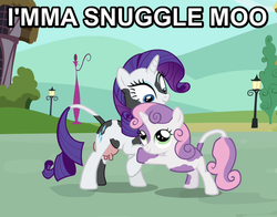Size: 574x449 | Tagged: safe, rarity, sweetie belle, cow, g4, calf, cowbelle, cute, hug, image macro, imma snuggle you, milka, pun, raricow, species swap, udder