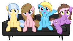 Size: 1280x724 | Tagged: safe, artist:flatmares, artist:furrgroup, oc, oc only, pegasus, pony, ask, couch, flatmares, group photo, looking at you, open mouth, palindrome get, simple background, smiling