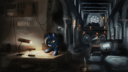 Size: 2560x1440 | Tagged: safe, artist:fuzzyfox11, oc, oc only, oc:silver bolt, pony, unicorn, abandoned, blueprint, bottle, cathedral, computer, cup, detailed background, drafting board, electricity, lamp, plate, solo, wires