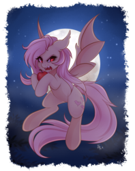 Size: 2000x2525 | Tagged: safe, artist:spittfireart, fluttershy, bat pony, pony, g4, angry, apple, backlighting, bat ears, bat ponified, bat wings, fangs, female, flutterbat, food, full moon, high res, looking at you, mare, moon, night, night sky, open mouth, race swap, sky, solo, spread wings, stars, wings