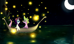 Size: 3590x2168 | Tagged: safe, artist:rinikka, rarity, spike, firefly (insect), g4, boat, female, male, moon, moonlight, night, ship:sparity, shipping, straight