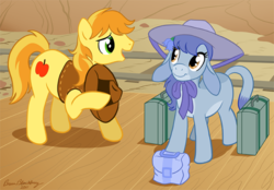 Size: 652x454 | Tagged: safe, artist:brianblackberry, braeburn, oc, earth pony, mule, pony, g4, bag, duo, female, hat, looking at each other, looking at someone, male, mule oc, railroad, smiling, smiling at each other, stallion, suitcase