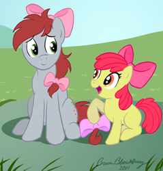 Size: 360x377 | Tagged: safe, artist:brianblackberry, apple bloom, oc, oc:carrot fields, g4, bowtie, crossdressing