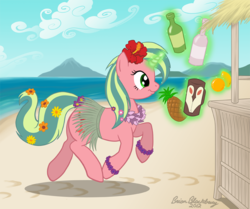 Size: 804x672 | Tagged: safe, artist:brianblackberry, oc, oc only, beach, clothes, flower, flower in hair, flower in tail, food, grass skirt, hawaii, hibiscus, lei, martini, orange, pineapple, skirt, solo