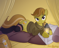 Size: 798x655 | Tagged: safe, artist:brianblackberry, oc, oc only, earth pony, pony, bedroom eyes, bottomless, clothes, female, partial nudity, socks, solo, stockings