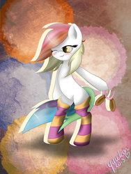 Size: 774x1032 | Tagged: dead source, safe, artist:yuukon, oc, oc only, pony, bipedal, bunny ears, clothes, socks, solo, striped socks, wink