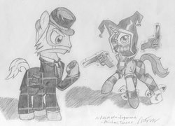 Size: 1024x736 | Tagged: safe, artist:animate-ergonome, clothes, crossover, gun, monochrome, mr underwood, ponified, suit, timesplitters, viola (timesplitters), watch