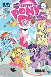 Size: 421x639 | Tagged: safe, artist:katie cook, idw, applejack, fluttershy, pinkie pie, rainbow dash, rarity, twilight sparkle, alicorn, pony, g4, canada, cover, curling, fan expo, female, mane six, mare, poutine, timbits, twilight sparkle (alicorn)