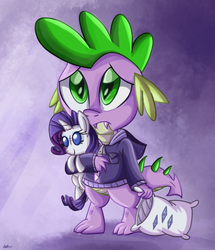 Size: 980x1142 | Tagged: safe, artist:daniel-sg, rarity, spike, dragon, pony, unicorn, g4, clothes, cute, cutie mark, fangs, female, frown, green eyes, hilarious in hindsight, hoodie, jacket, looking up, male, mare, pillow, plushie, rarity plushie, sad, sadorable, signature, simple background, solo, spikabetes, zipper