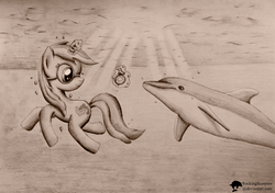 Size: 1500x1057 | Tagged: safe, artist:rockingscorpion, sea swirl, seafoam, dolphin, pony, unicorn, g4, anatomically incorrect, bubble, crepuscular rays, dorsal fin, female, fin, fish tail, flowing tail, horn, incorrect leg anatomy, looking at each other, looking at someone, magic, mare, monochrome, ocean, smiling, smiling at each other, solo, sunlight, swimming, tail, traditional art, underwater, water