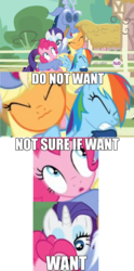 Size: 958x1924 | Tagged: safe, edit, edited screencap, screencap, applejack, discord, pinkie pie, rainbow dash, rarity, g4, three's a crowd, blue flu, cropped, do not want, group hug, hub logo, hug, image macro, not sure if want, varying degrees of want, want