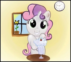 Size: 800x700 | Tagged: safe, artist:milanoss, sweetie belle, pony, unicorn, g4, clock, cute, diasweetes, female, grin, looking at you, milkshake, smiling, solo, squee, sunflower, window