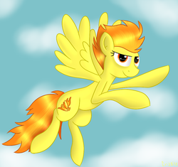 Size: 850x800 | Tagged: safe, artist:crizbitz, spitfire, pegasus, pony, g4, cloud, female, flying, mare, sky, solo